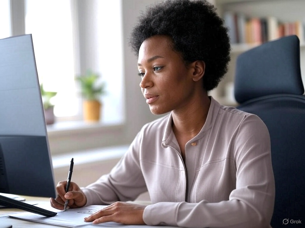 A Zambian professional sits at their desk in front of the computer and writes their CV